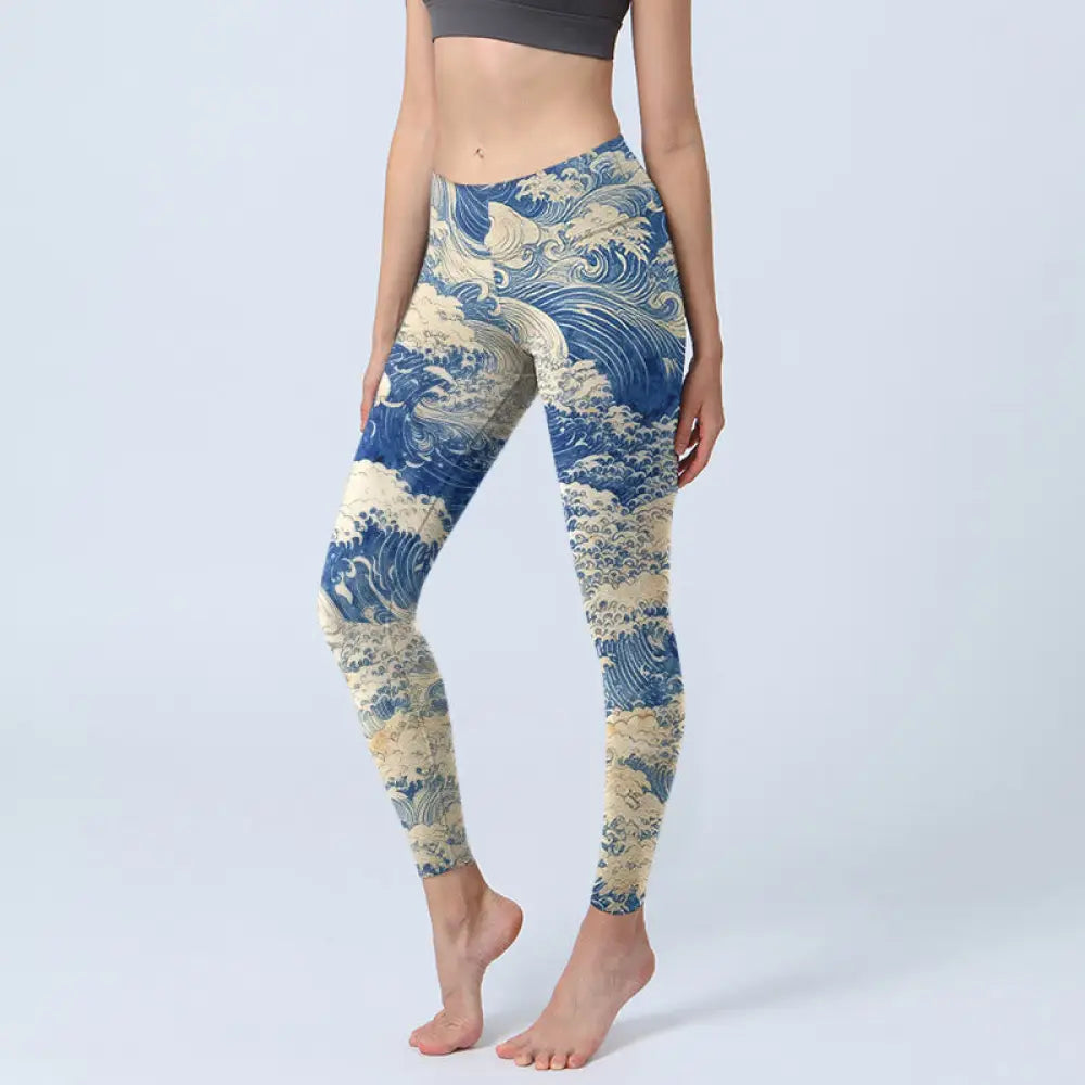 BWOOOH printed yoga leggings - Ocean Waves Pattern Print Gym Leggings W