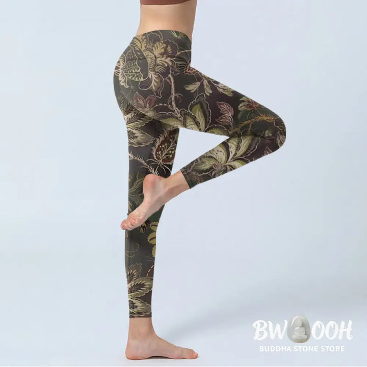 BWOOOH printed yoga leggings - Olive Florals Print Sports Fitness Leggi