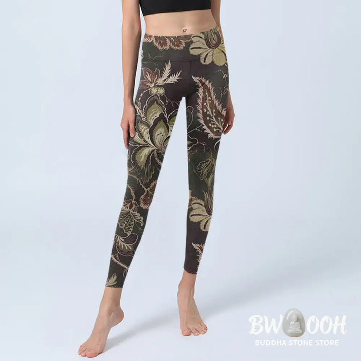 BWOOOH printed yoga leggings - Olive Florals Print Sports Fitness Leggi