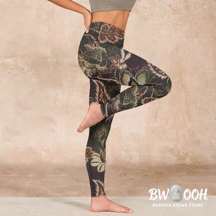 BWOOOH printed yoga leggings - Olive Florals Print Sports Fitness Leggi