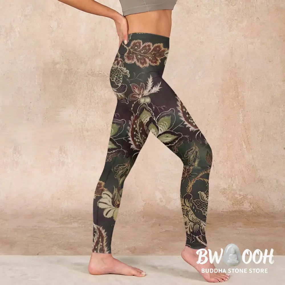 BWOOOH printed yoga leggings - Olive Florals Print Sports Fitness Leggi