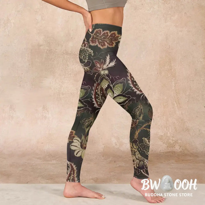 BWOOOH printed yoga leggings - Olive Florals Print Sports Fitness Leggi