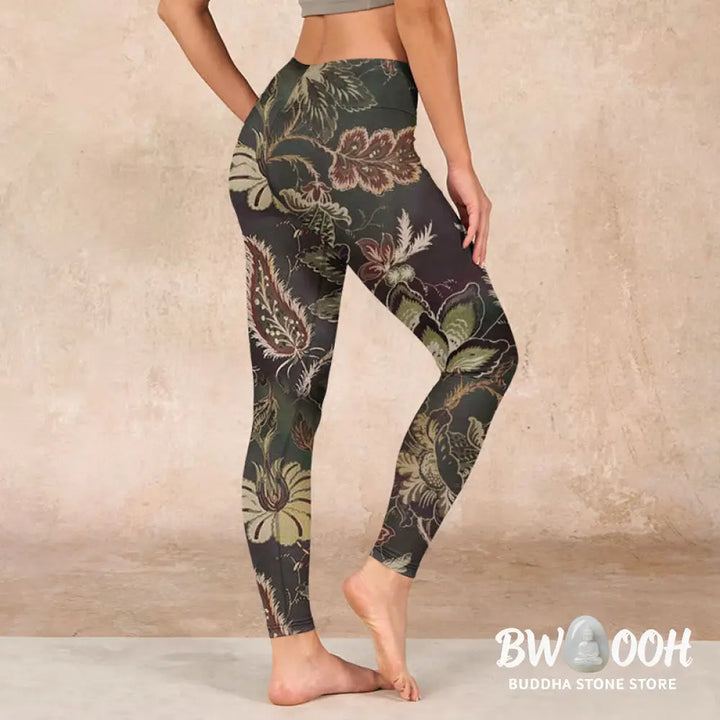 BWOOOH printed yoga leggings - Olive Florals Print Sports Fitness Leggi