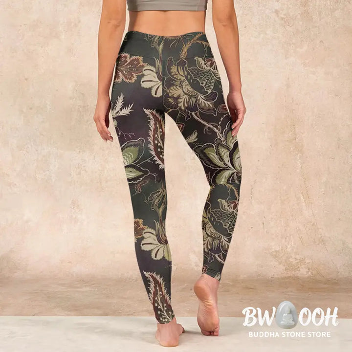 BWOOOH printed yoga leggings - Olive Florals Print Sports Fitness Leggi