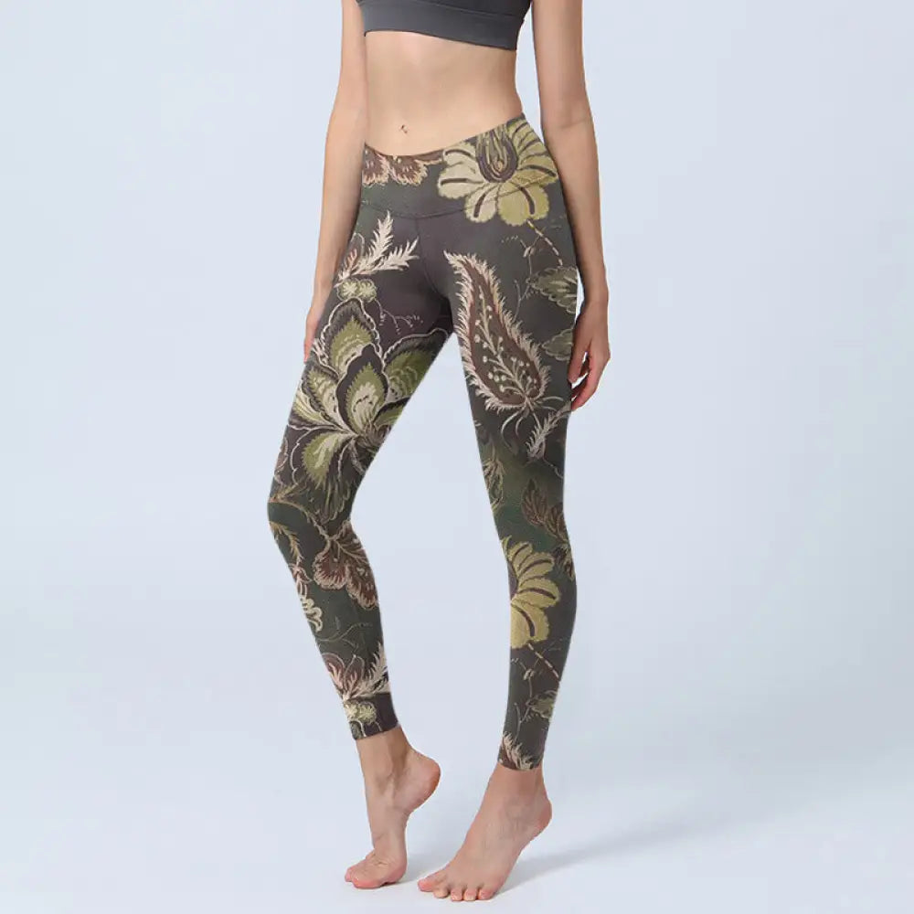 BWOOOH printed yoga leggings - Olive Florals Print Sports Fitness Leggi