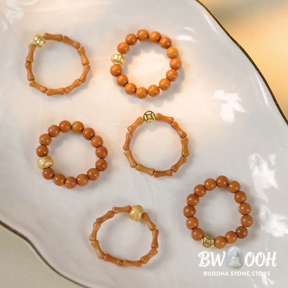 Buddha Stones Olive Pit Bead Copper Coin Inner Strength Ring - Ring