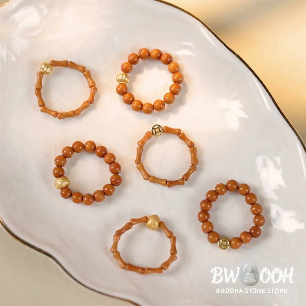Buddha Stones Olive Pit Bead Copper Coin Inner Strength Ring - Ring