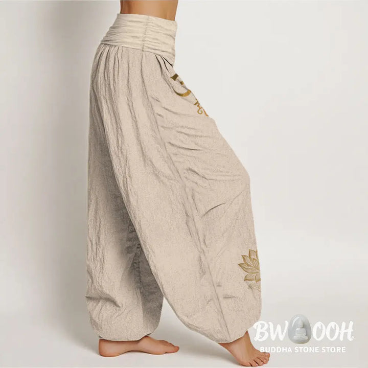 Buddha Stones Om Dhi Symbols Lotus Buddha’s Hand Pattern Women’s Elastic Waist Harem Cotton Pants - Women’s Harem Pants