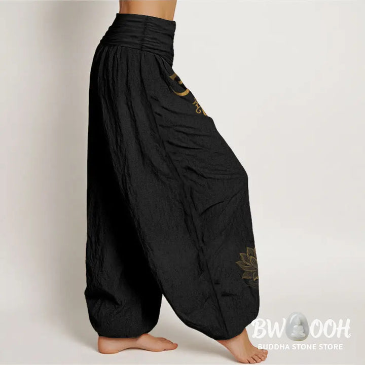 Buddha Stones Om Dhi Symbols Lotus Buddha’s Hand Pattern Women’s Elastic Waist Harem Cotton Pants - Women’s Harem Pants