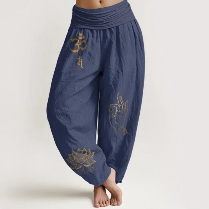 Buddha Stones Om Dhi Symbols Lotus Buddha’s Hand Pattern Women’s Elastic Waist Harem Cotton Pants - DarkSlateBlue