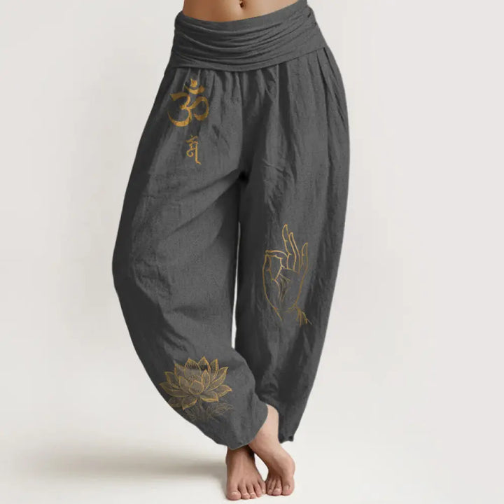 Buddha Stones Om Dhi Symbols Lotus Buddha’s Hand Pattern Women’s Elastic Waist Harem Cotton Pants - DimGray