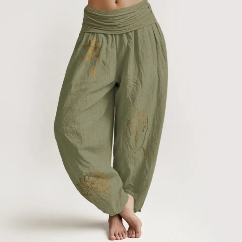 Buddha Stones Om Dhi Symbols Lotus Buddha’s Hand Pattern Women’s Elastic Waist Harem Cotton Pants - OliveDrab