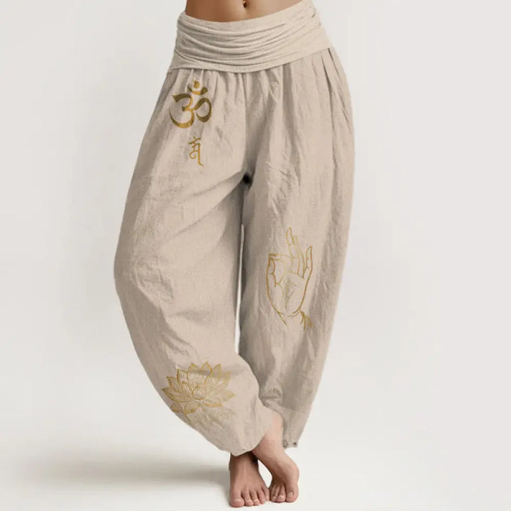 Buddha Stones Om Dhi Symbols Lotus Buddha’s Hand Pattern Women’s Elastic Waist Harem Cotton Pants - Tan