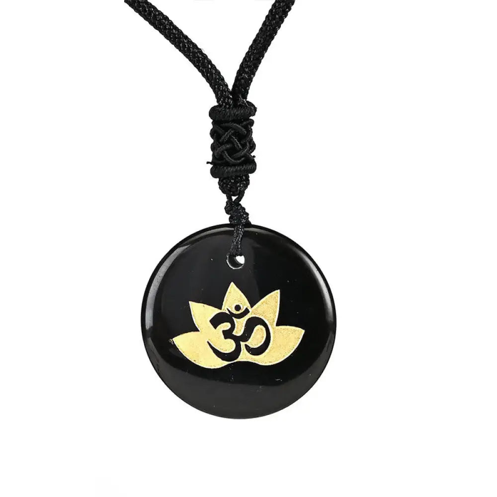 Buddha Stones OM Lotus Symbol Various Crystal Amethyst Tiger Eye Healing Necklace Pendant - BWOOOH - Black Onyx