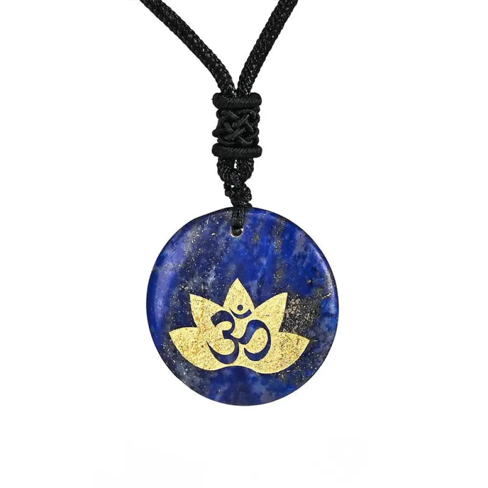 Buddha Stones OM Lotus Symbol Various Crystal Amethyst Tiger Eye Healing Necklace Pendant - BWOOOH - Lazurite