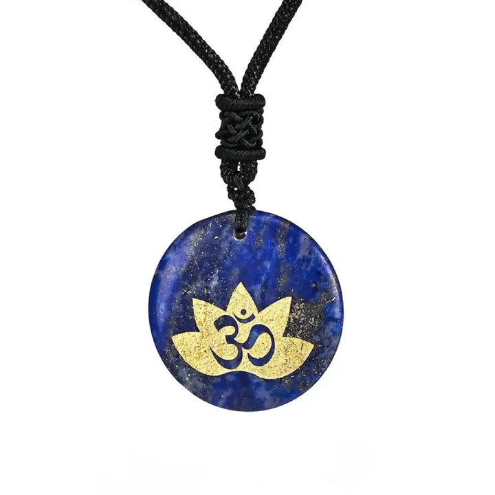 Buddha Stones OM Lotus Symbol Various Crystal Amethyst Tiger Eye Healing Necklace Pendant - BWOOOH - Lazurite