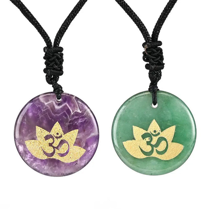 Buddha Stones OM Lotus Symbol Various Crystal Amethyst Tiger Eye Healing Necklace Pendant - BWOOOH - Necklaces &amp;