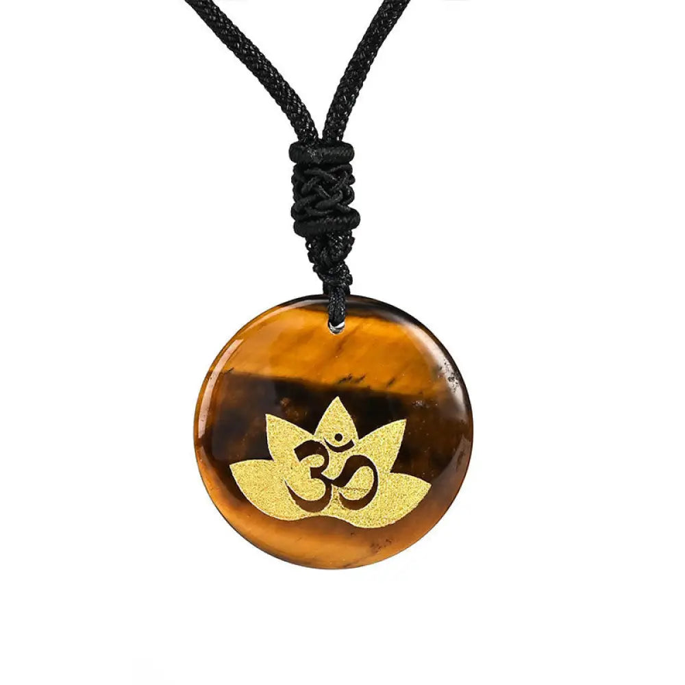 Buddha Stones OM Lotus Symbol Various Crystal Amethyst Tiger Eye Healing Necklace Pendant - BWOOOH - Tiger Eye