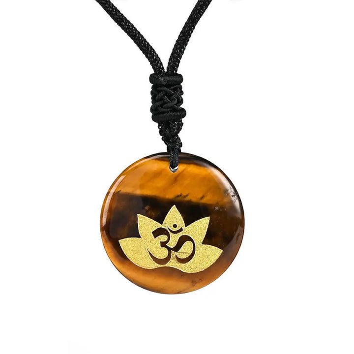 Buddha Stones OM Lotus Symbol Various Crystal Amethyst Tiger Eye Healing Necklace Pendant - BWOOOH - Tiger Eye