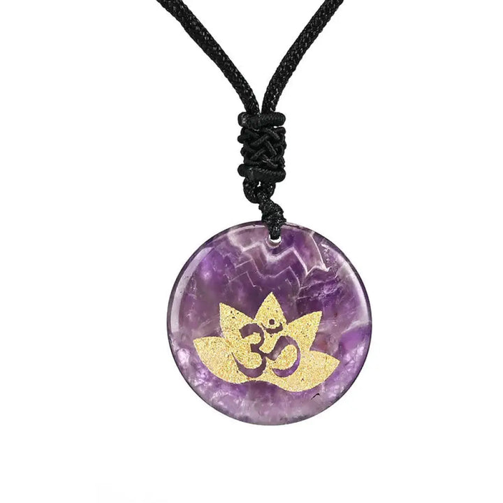 Buddha Stones OM Lotus Symbol Various Crystal Amethyst Tiger Eye Healing Necklace Pendant - BWOOOH - Amethyst