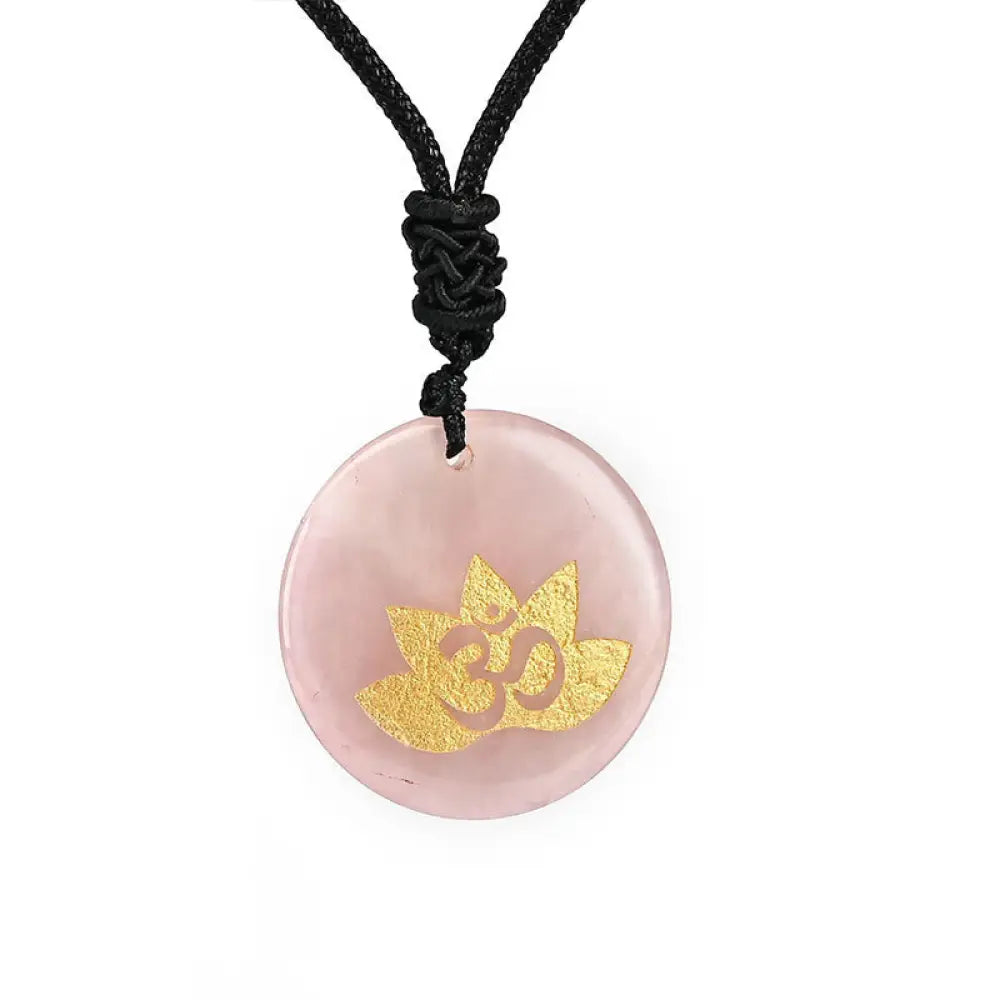 Buddha Stones OM Lotus Symbol Various Crystal Amethyst Tiger Eye Healing Necklace Pendant - BWOOOH - Pink Crystal