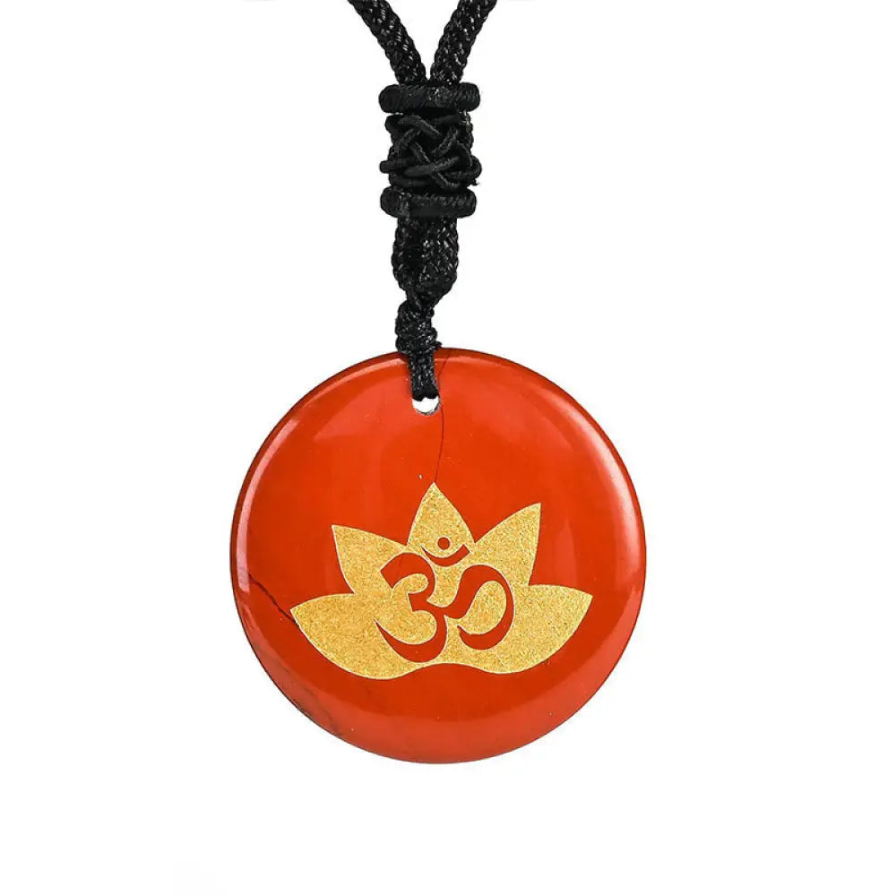 Buddha Stones OM Lotus Symbol Various Crystal Amethyst Tiger Eye Healing Necklace Pendant - BWOOOH - Red Stone