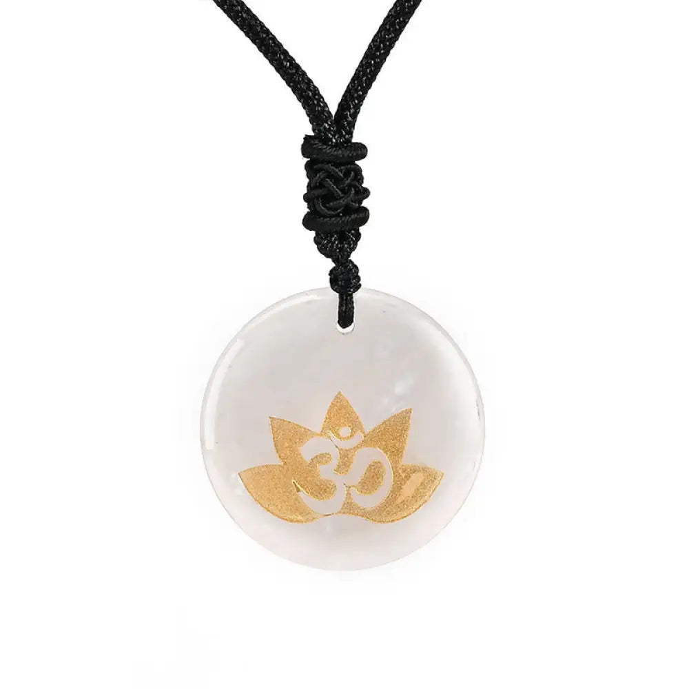 Buddha Stones OM Lotus Symbol Various Crystal Amethyst Tiger Eye Healing Necklace Pendant - BWOOOH - White Crystal