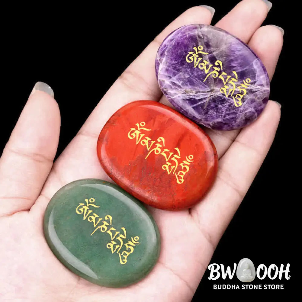 Buddha Stones Om Mani Padme Hum Amethyst Tiger Eye Palm Stone Crystal Decor 35*45mm - Crystal &amp; Stone Decor