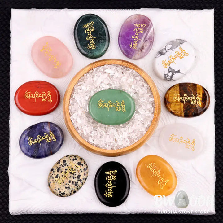 Buddha Stones Om Mani Padme Hum Amethyst Tiger Eye Palm Stone Crystal Decor 35*45mm - Crystal &amp; Stone Decor