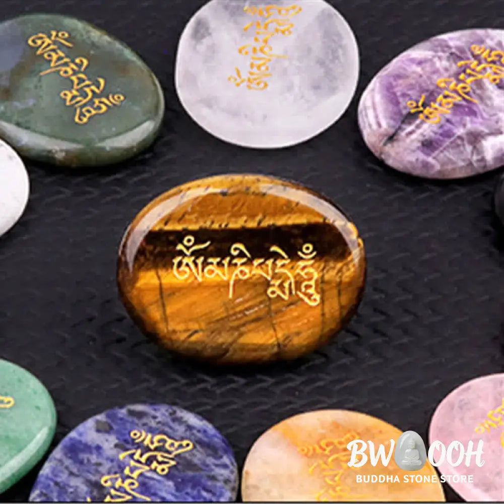 Buddha Stones Om Mani Padme Hum Amethyst Tiger Eye Palm Stone Crystal Decor 35*45mm - Crystal &amp; Stone Decor