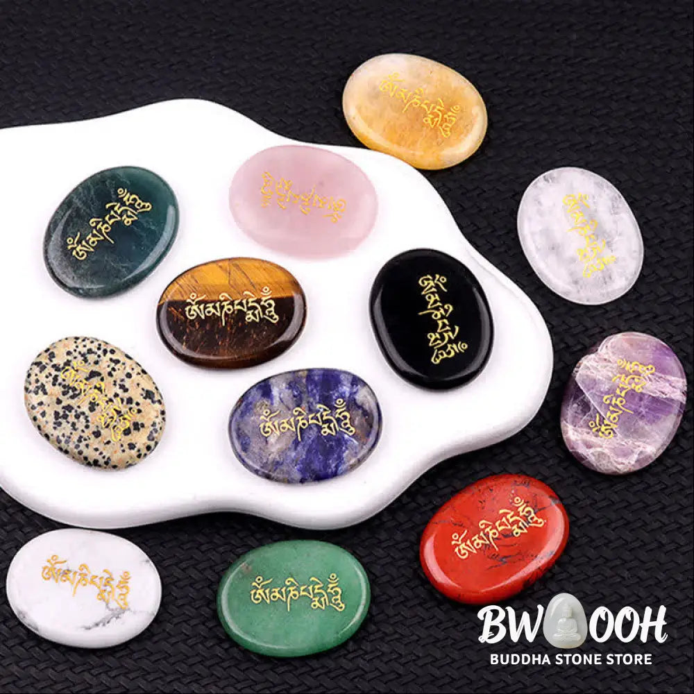 Buddha Stones Om Mani Padme Hum Amethyst Tiger Eye Palm Stone Crystal Decor 35*45mm - Crystal &amp; Stone Decor