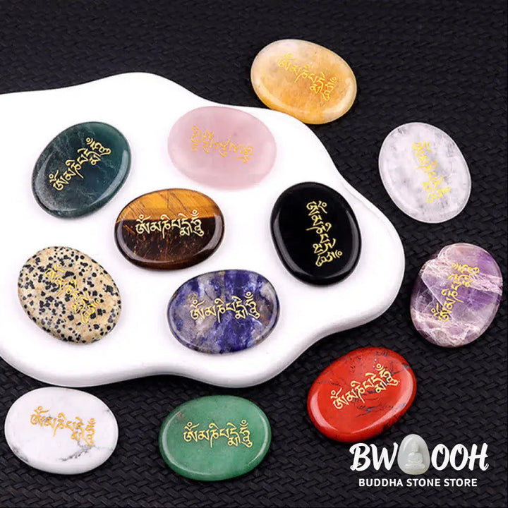 Buddha Stones Om Mani Padme Hum Amethyst Tiger Eye Palm Stone Crystal Decor 35*45mm - Crystal &amp; Stone Decor