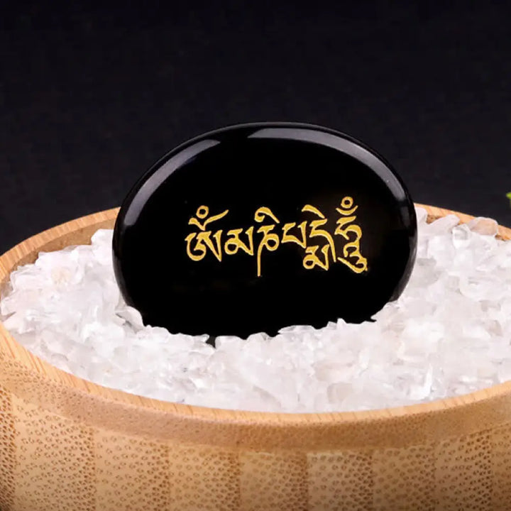 Buddha Stones Om Mani Padme Hum Amethyst Tiger Eye Palm Stone Crystal Decor 35*45mm - Natural Black Obsidian(Color May