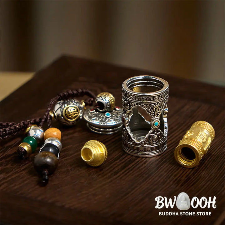 BWOOOH Om Mani Padme Hum Ghau Prayer Box Copper Plated Si