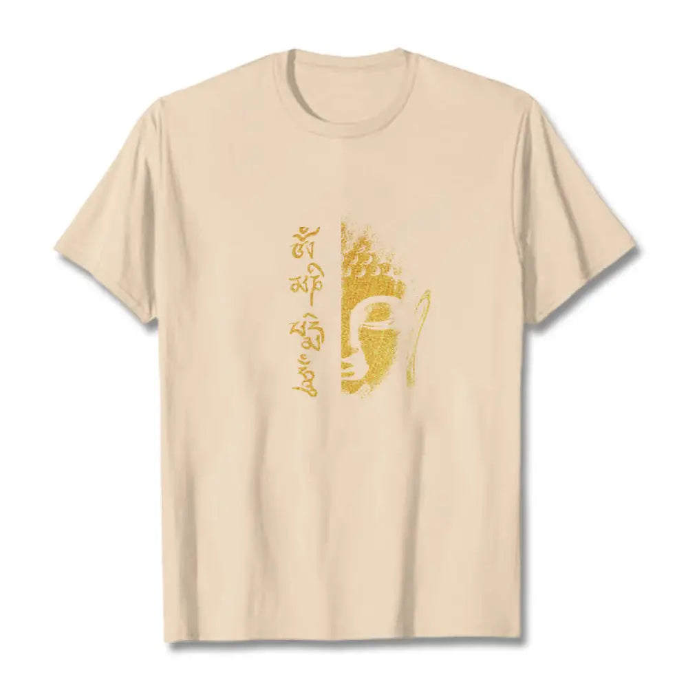 Buddha Stones Om Mani Padme Hum Golden Buddha Cotton Tee T-shirt - Bisque / S - T-Shirts