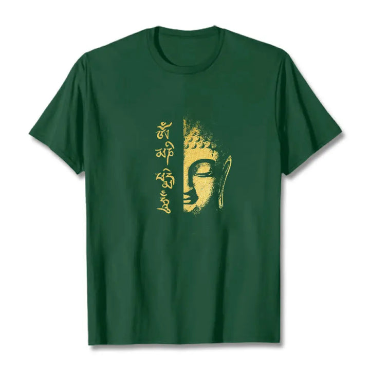Buddha Stones Om Mani Padme Hum Golden Buddha Cotton Tee T-shirt - ForestGreen / S - T-Shirts