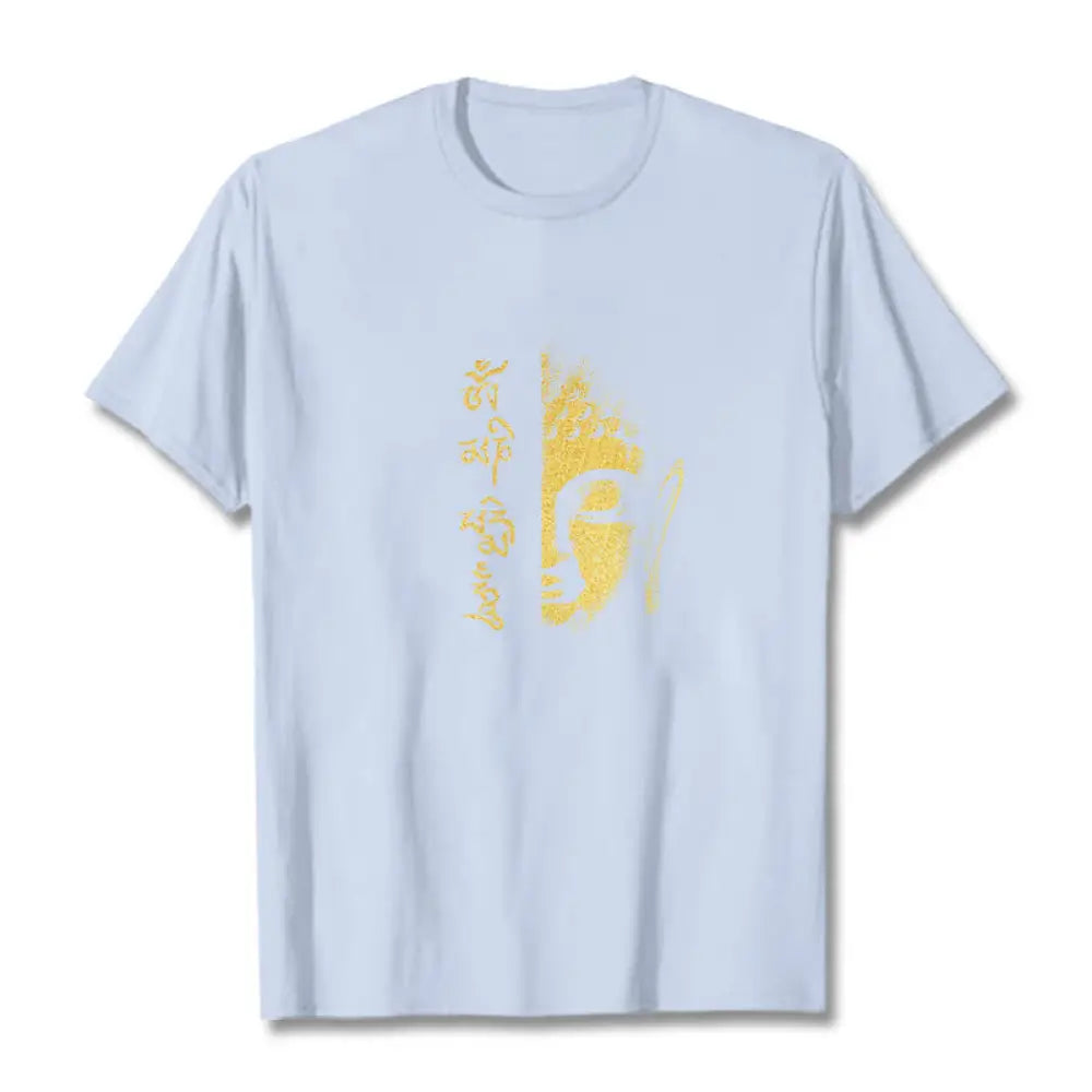 Buddha Stones Om Mani Padme Hum Golden Buddha Cotton Tee T-shirt - LightCyan / S - T-Shirts