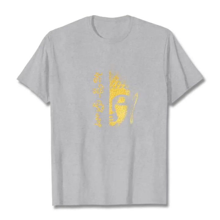 Buddha Stones Om Mani Padme Hum Golden Buddha Cotton Tee T-shirt - LightGrey / S - T-Shirts