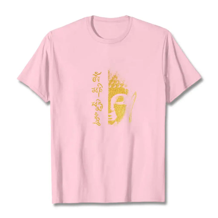 Buddha Stones Om Mani Padme Hum Golden Buddha Cotton Tee T-shirt - LightPink / S - T-Shirts