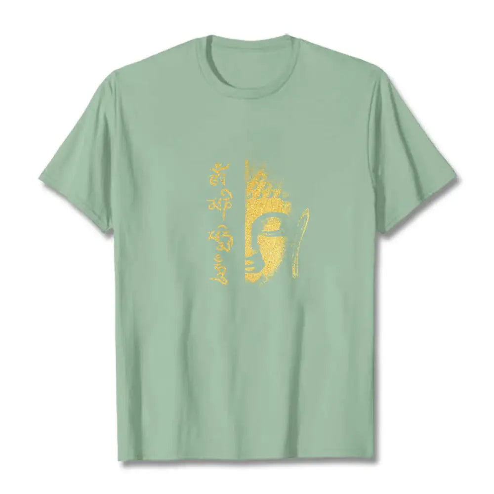 Buddha Stones Om Mani Padme Hum Golden Buddha Cotton Tee T-shirt - PaleGreen / S - T-Shirts