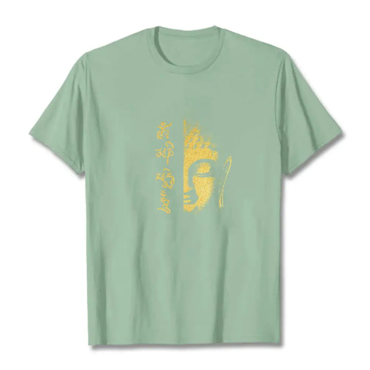 Buddha Stones Om Mani Padme Hum Golden Buddha Cotton Tee T-shirt - PaleGreen / S - T-Shirts
