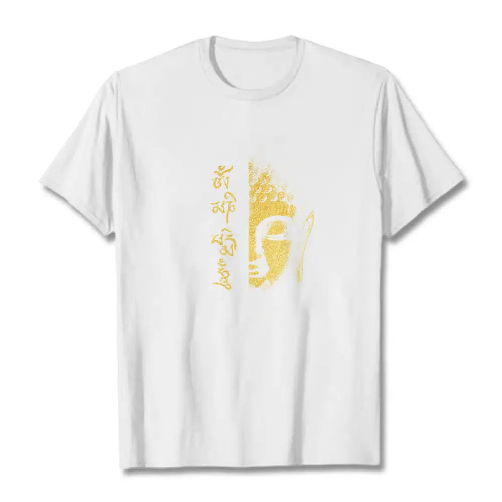 Buddha Stones Om Mani Padme Hum Golden Buddha Cotton Tee T-shirt - White / S - T-Shirts