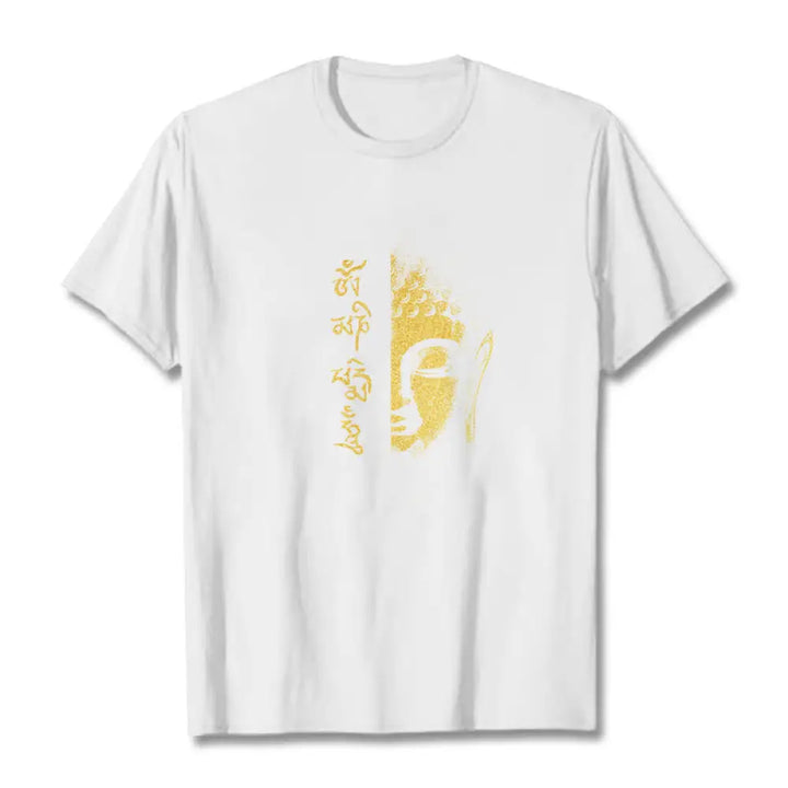 Buddha Stones Om Mani Padme Hum Golden Buddha Cotton Tee T-shirt - White / S - T-Shirts