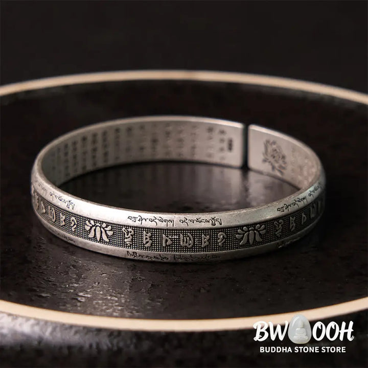 Buddha Stones Om Mani Padme Hum Heart Sutra Mantra Lotus Peace Meditation Cuff Bracelet Bangle - BWOOOH - Om Mani Padme