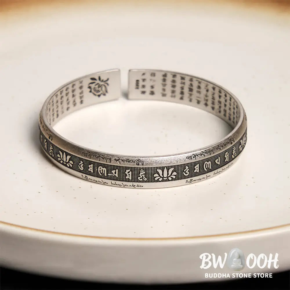 Buddha Stones Om Mani Padme Hum Heart Sutra Mantra Lotus Peace Meditation Cuff Bracelet Bangle - BWOOOH - Om Mani Padme