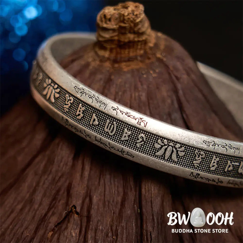 Buddha Stones Om Mani Padme Hum Heart Sutra Mantra Lotus Peace Meditation Cuff Bracelet Bangle - BWOOOH - Om Mani Padme