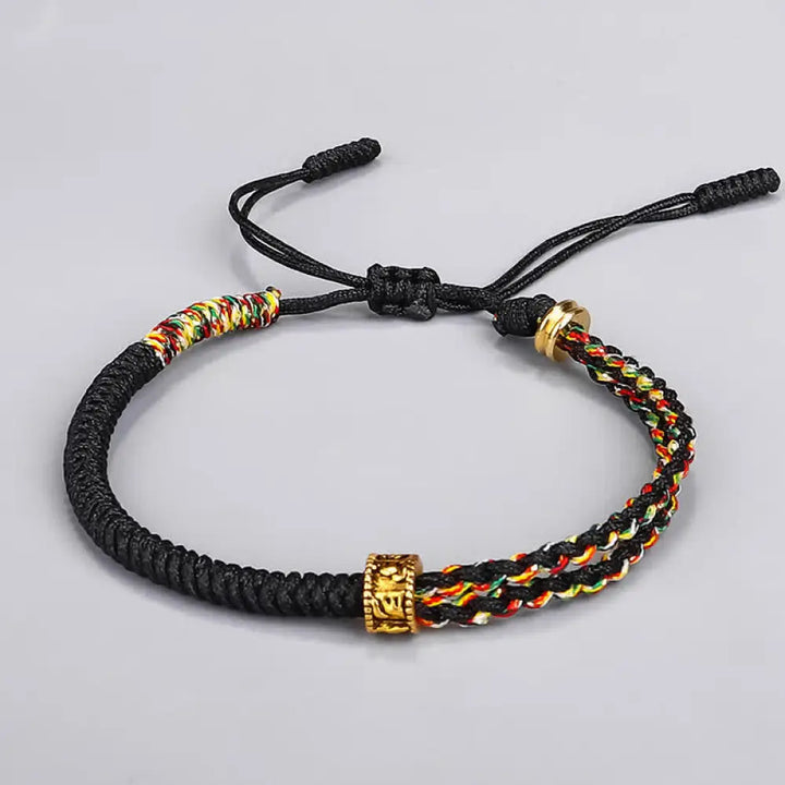 Buddha Stones Om Mani Padme Hum Protection Luck String Bracelet - BWOOOH - Black(Bracelet Size 16 + 12cm) - Bracelet