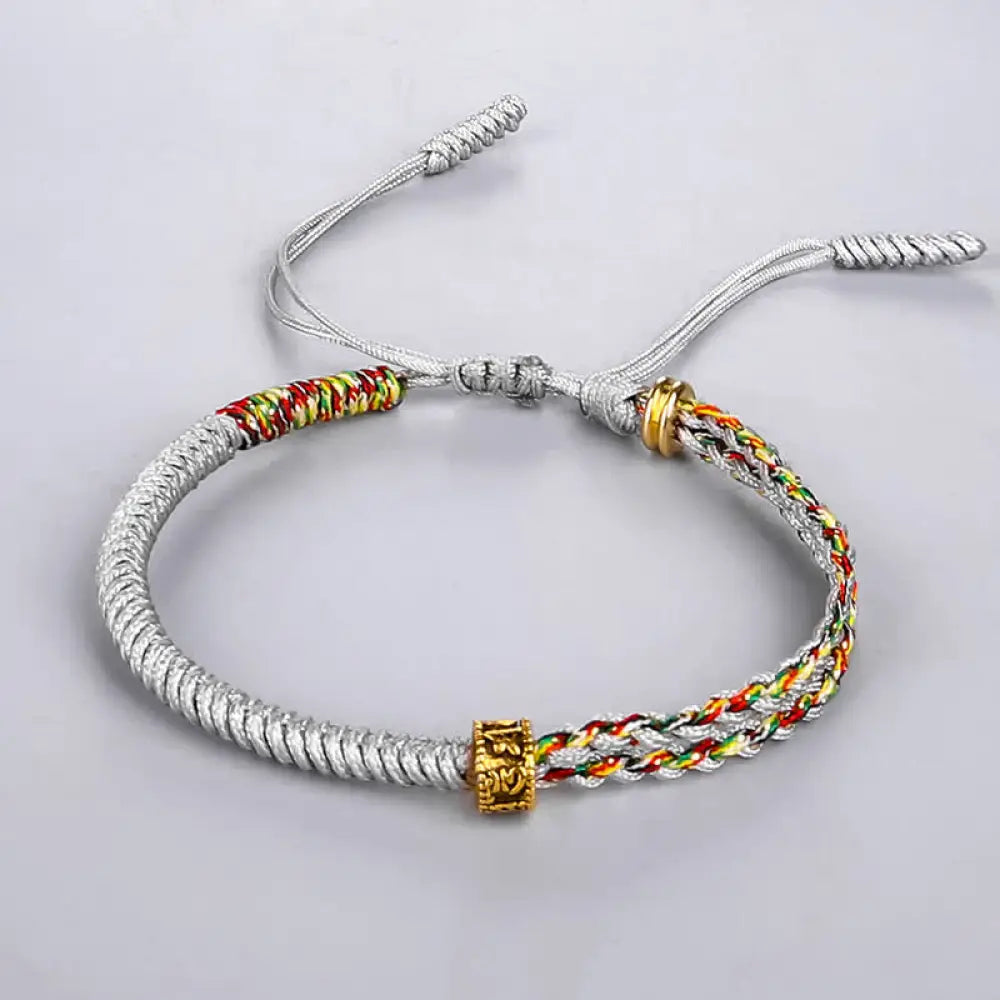 Buddha Stones Om Mani Padme Hum Protection Luck String Bracelet - BWOOOH - Gray(Bracelet Size 16 + 12cm) - Bracelet