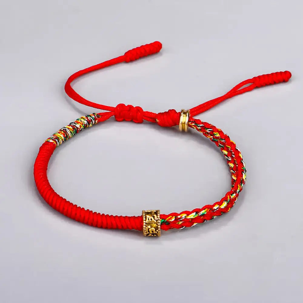 Buddha Stones Om Mani Padme Hum Protection Luck String Bracelet - BWOOOH - Red(Bracelet Size 16 + 12cm) - Bracelet