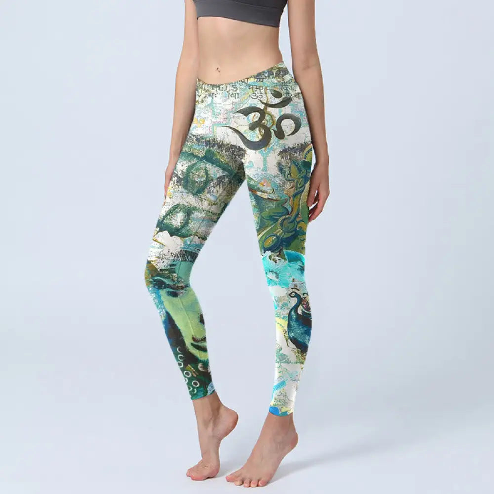 BWOOOH lotus print yoga leggings - Om Symbol Human Figure Peacock Lotus Pat